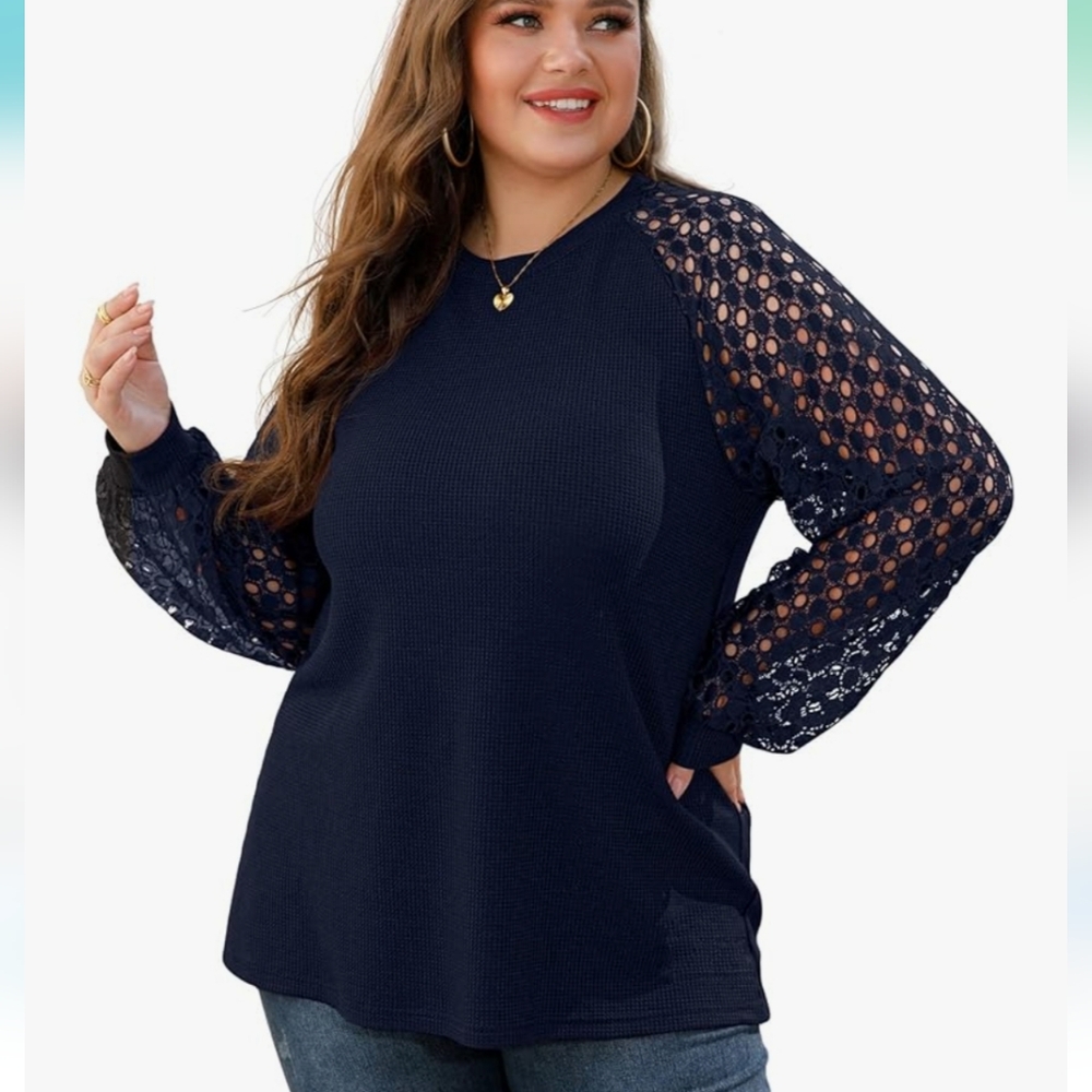 Waffle Knit Top With Lace Sleeves